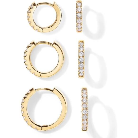 18K Gold Plated Posts 3 Pairs Hoop Earrings Set for Men